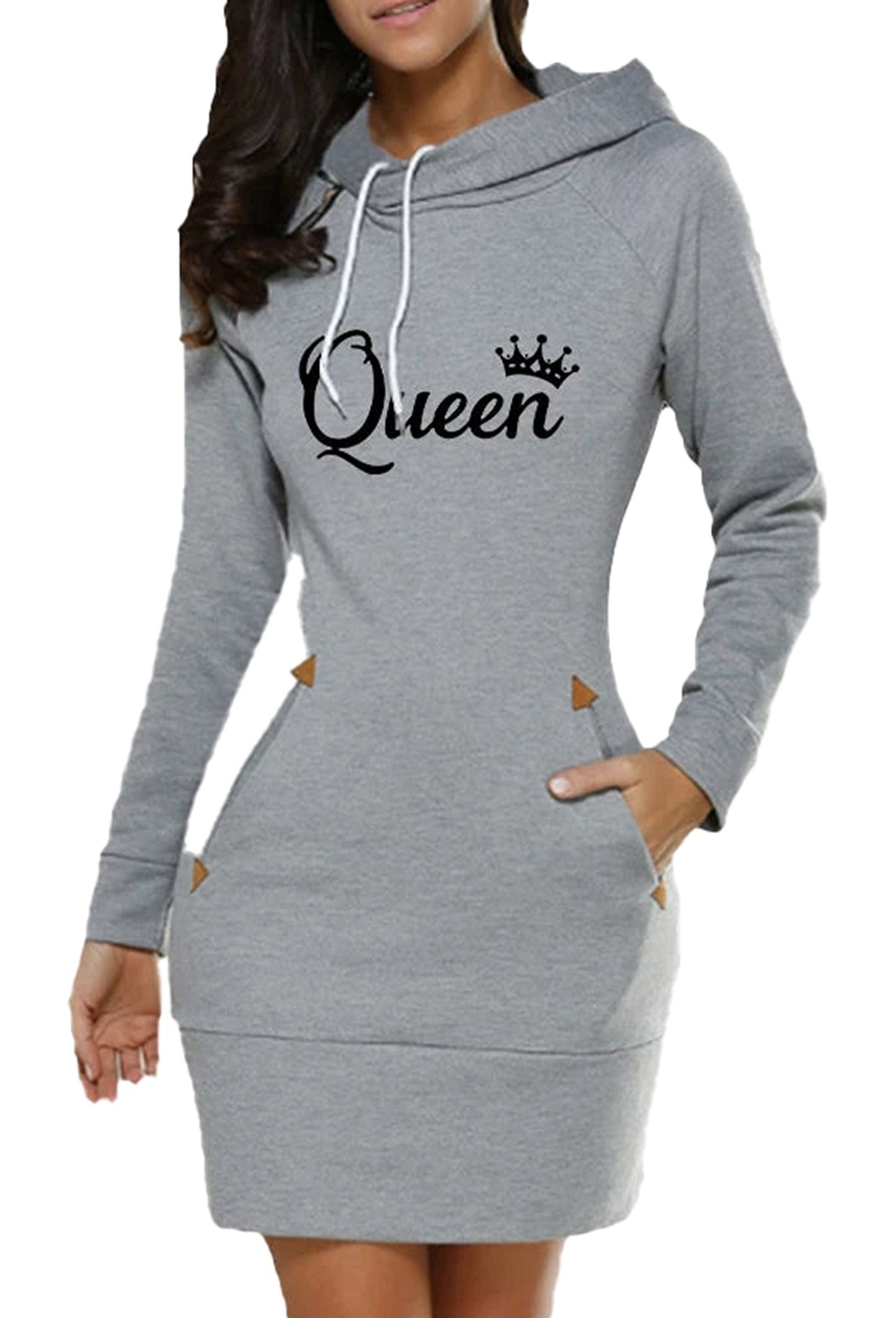 Stylish queen print hoodie dress for women in gray with pockets and stylish design