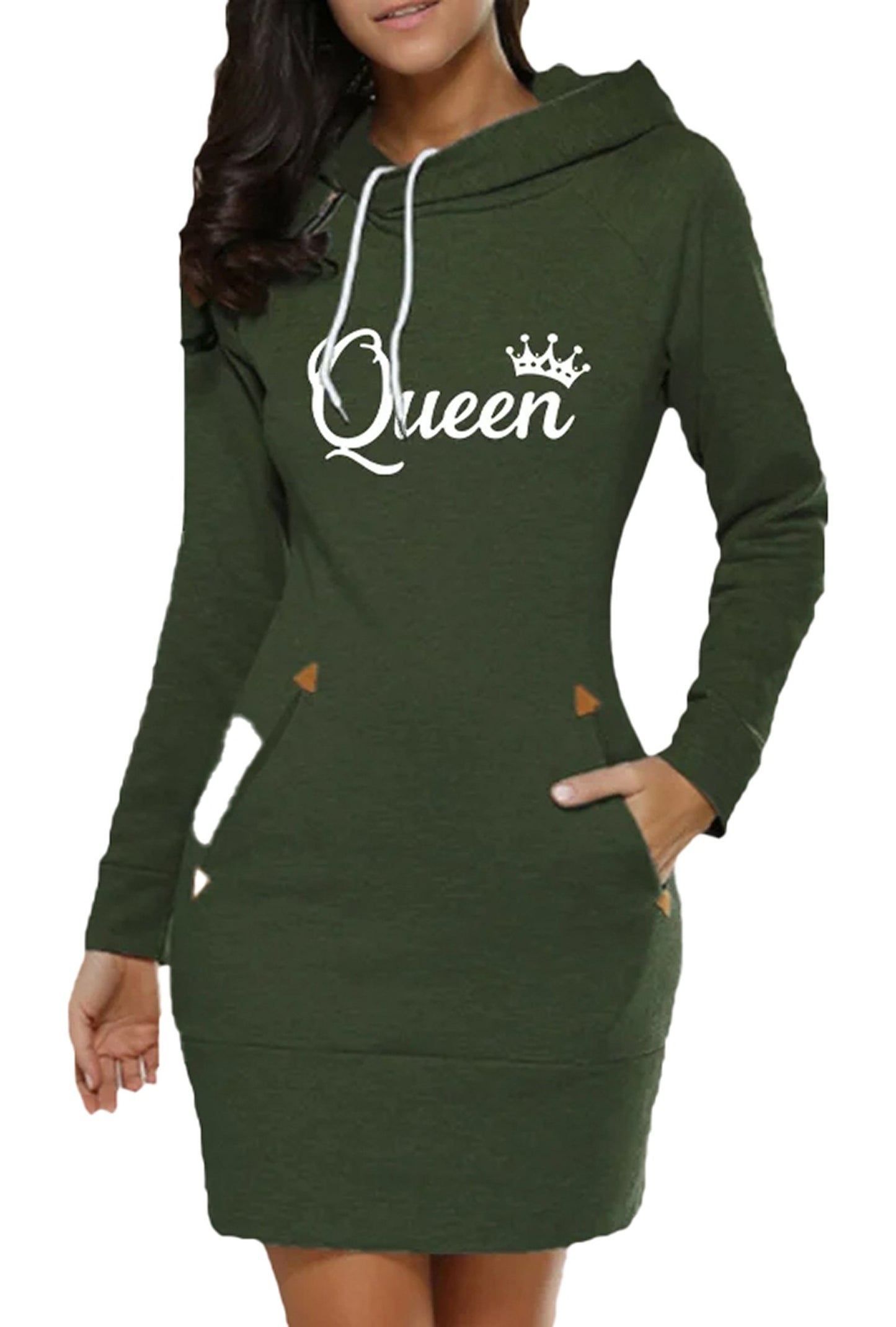 Queen print hoodie dress for women in green with pockets and stylish design