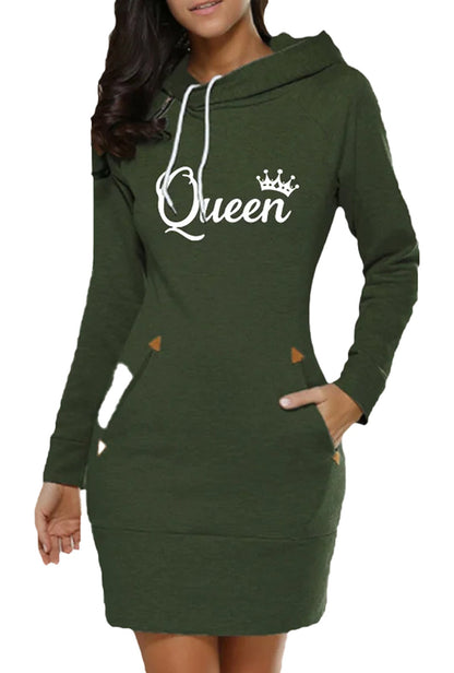 Queen print hoodie dress for women in green with pockets and stylish design