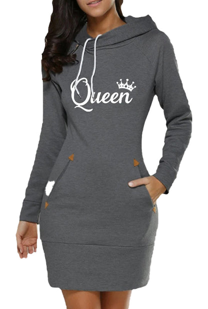 Gray queen print hoodie dress for women with pockets and drawstring hood