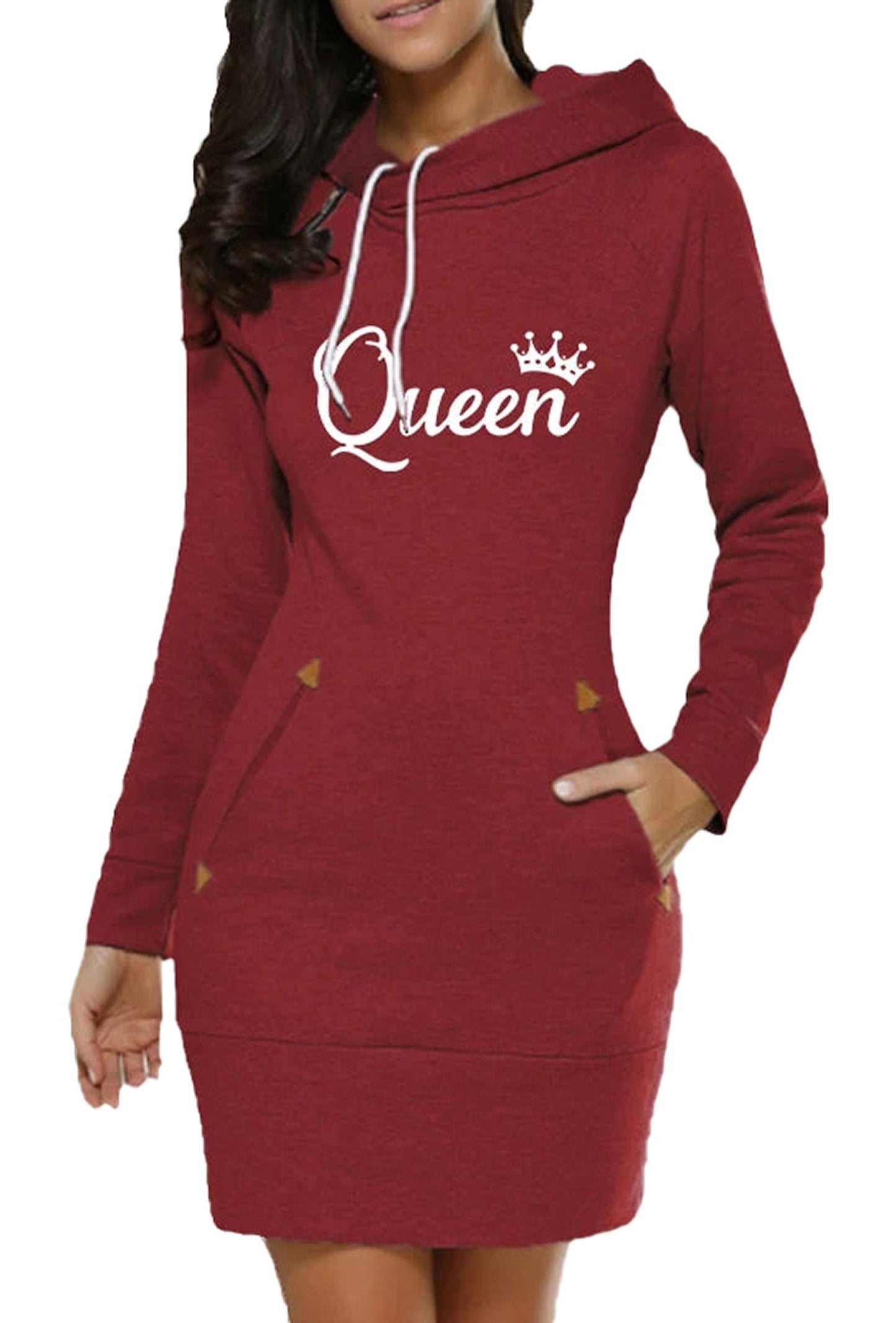 Casual burgundy queen print hoodie dress for women with pockets and a stylish design