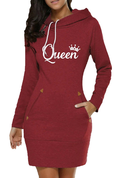 Casual burgundy queen print hoodie dress for women with pockets and a stylish design