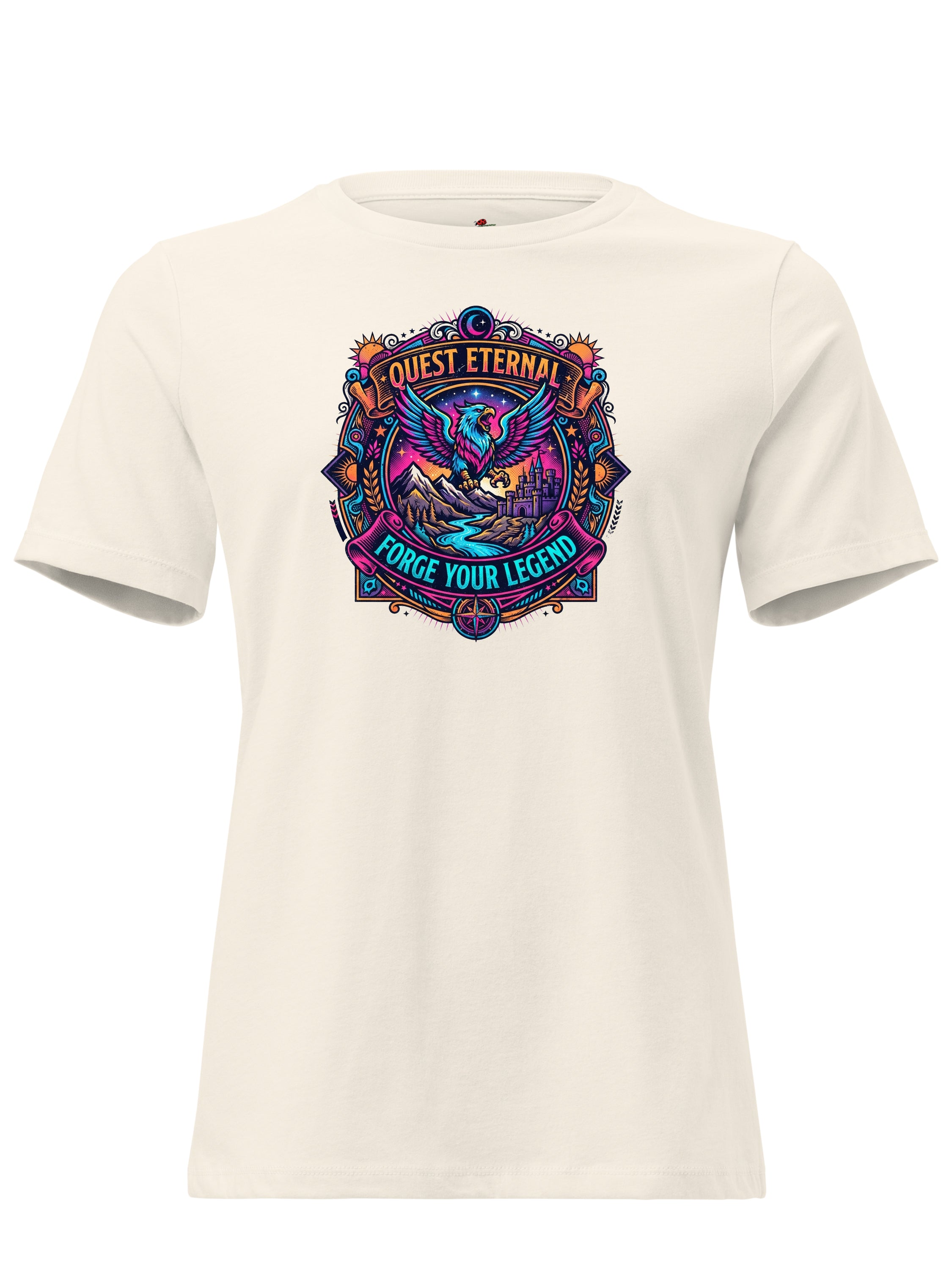 White LuckeLadybug LLC graphic tee clothing featuring a colorful Quest Eternal design and bold text