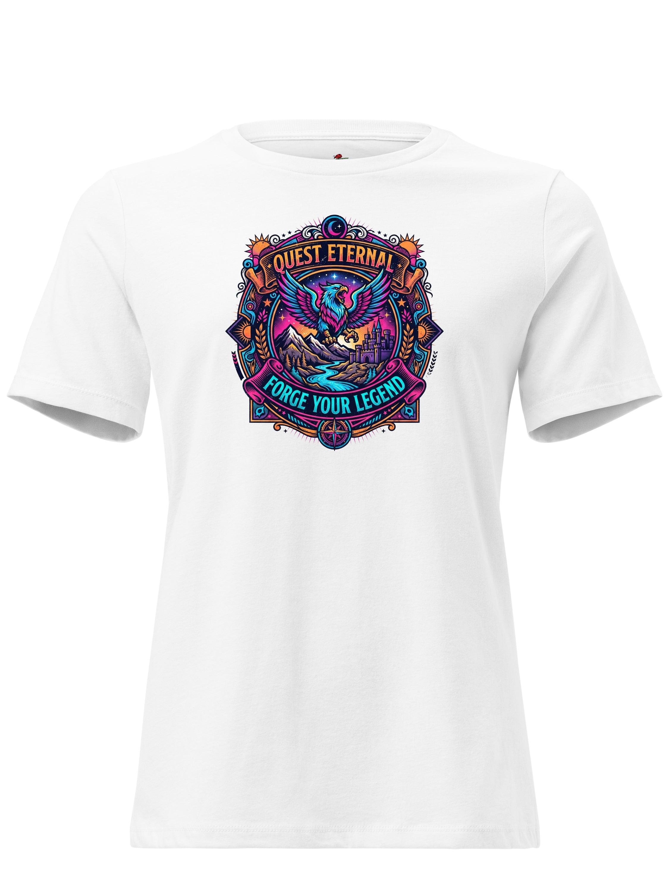 White graphic tee clothing with colorful Quest Eternal design for adventurous style