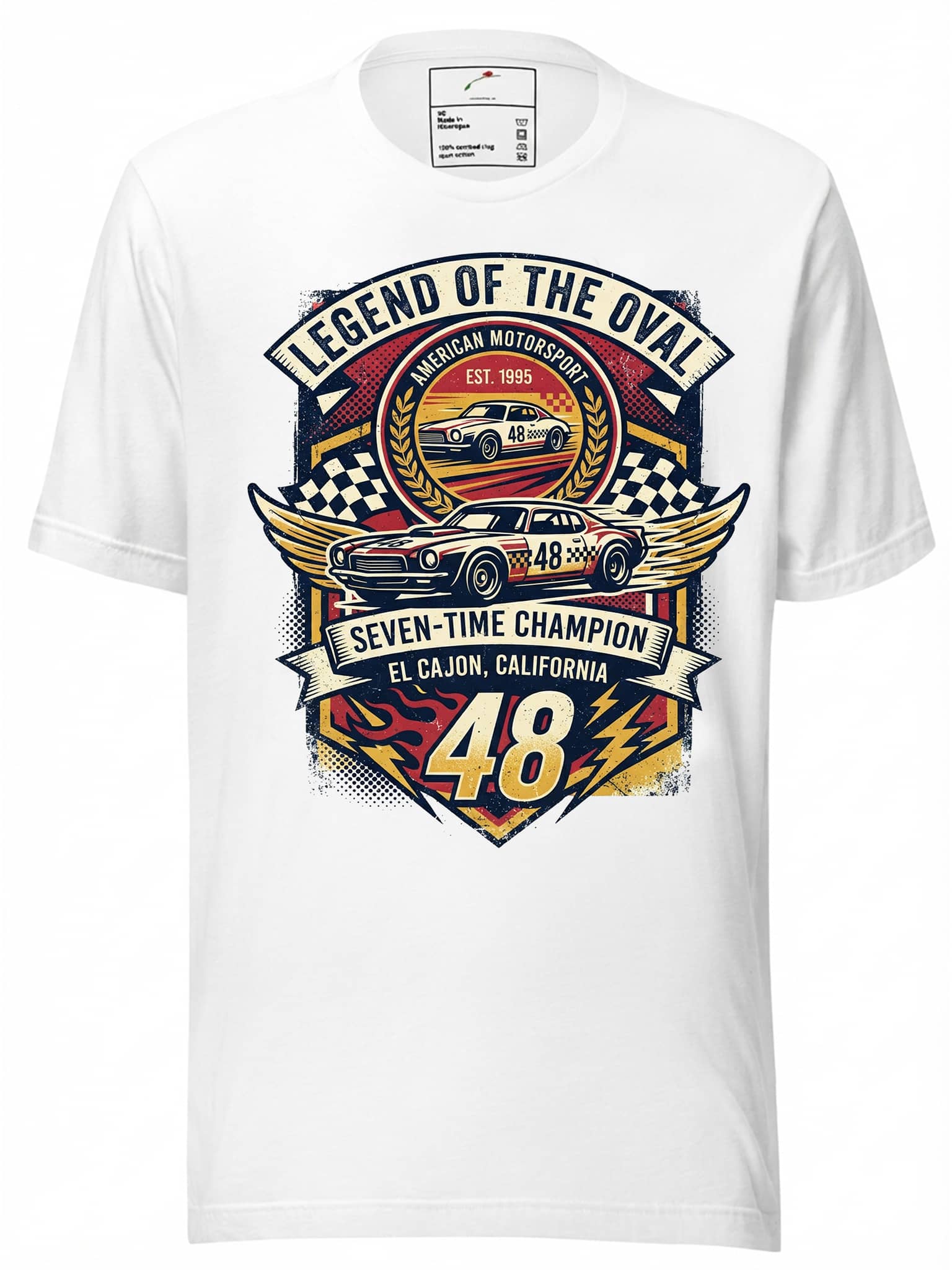 LuckeLadybug Vintage Racing Jackets T-Shirt featuring a colorful seven-time champion graphic