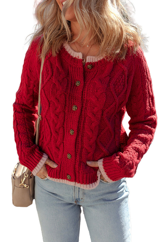 LuckeLadybug racing red cable knit cardigan with stylish buttons and a cozy fit
