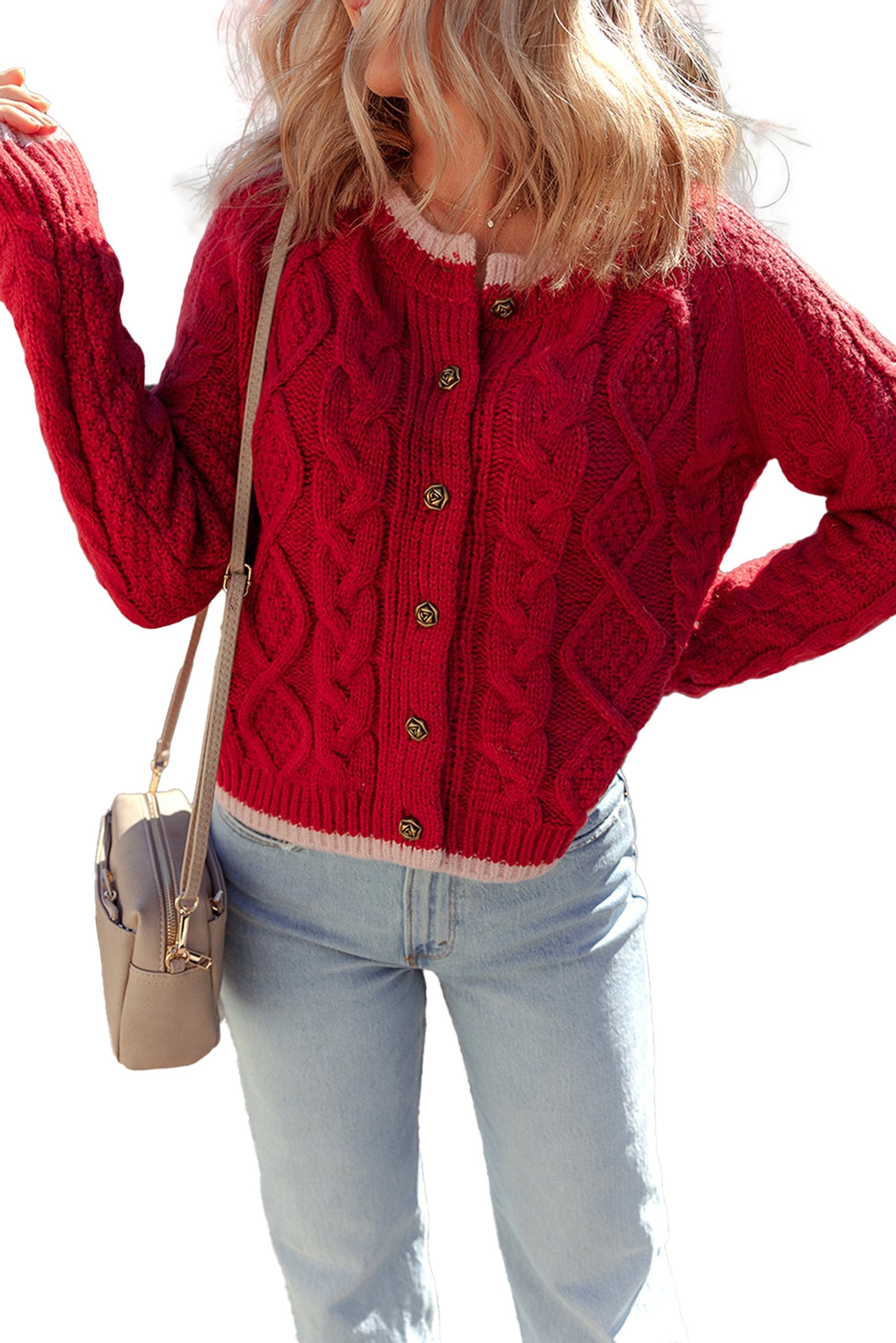 LuckeLadybug racing red cable knit cardigan with button closure and cozy design for stylish layering
