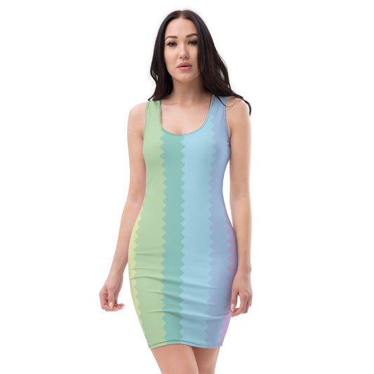 LuckeLadybug rainbow bodycon dress with pastel zigzag stripes worn by a female model