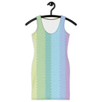 LuckeLadybug Rainbow Bodycon Dress with a Striped Pastel Pattern on a Clothes Hanger
