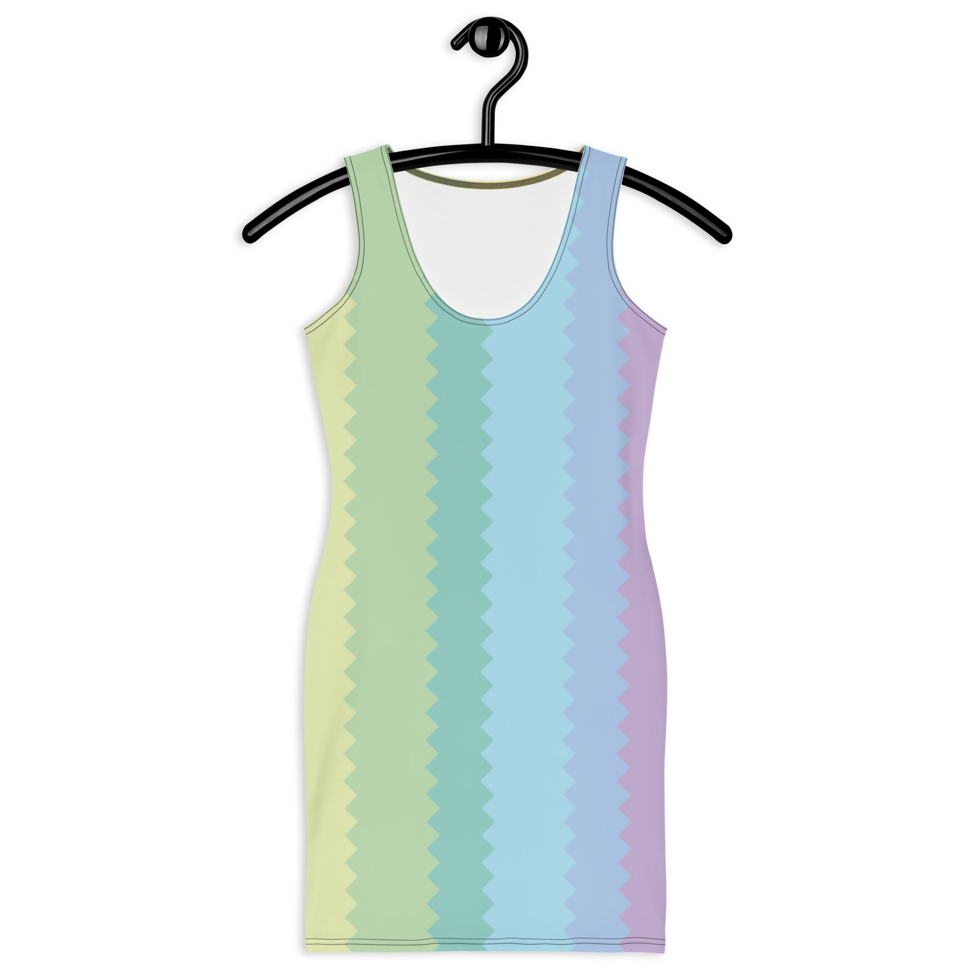 LuckeLadybug Rainbow Bodycon Dress with a Striped Pastel Pattern on a Clothes Hanger