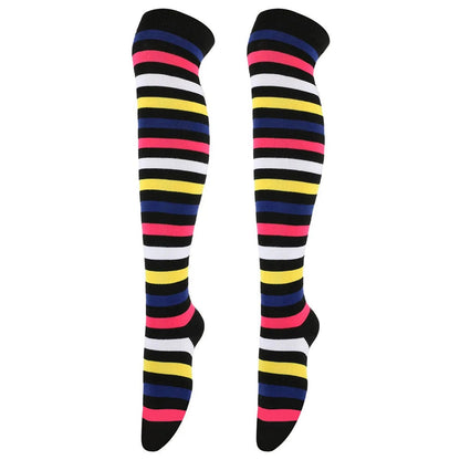 LuckeLadybug rainbow knee high socks for women featuring colorful striped design for a fun look