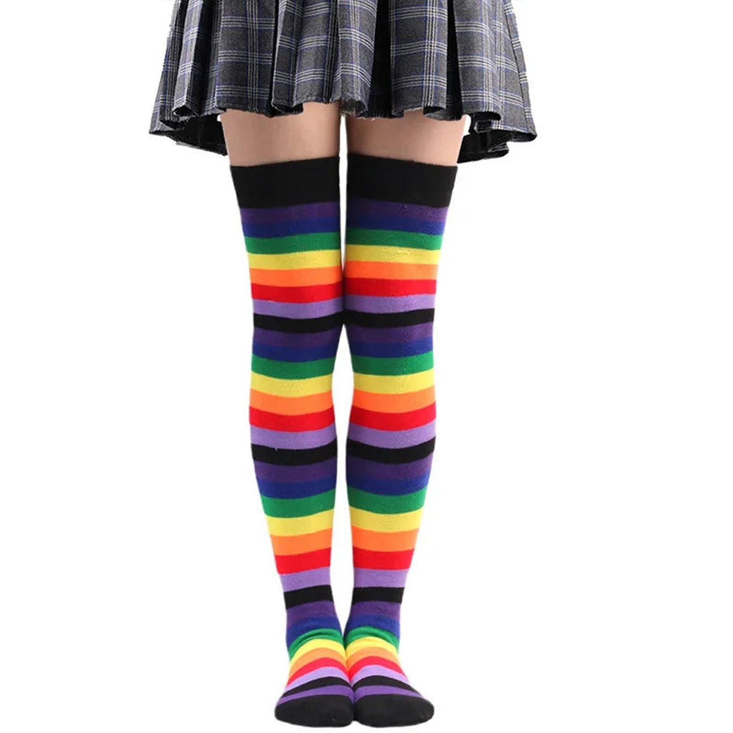 Colorful striped rainbow knee high socks for women with vibrant patterns and soft fabric