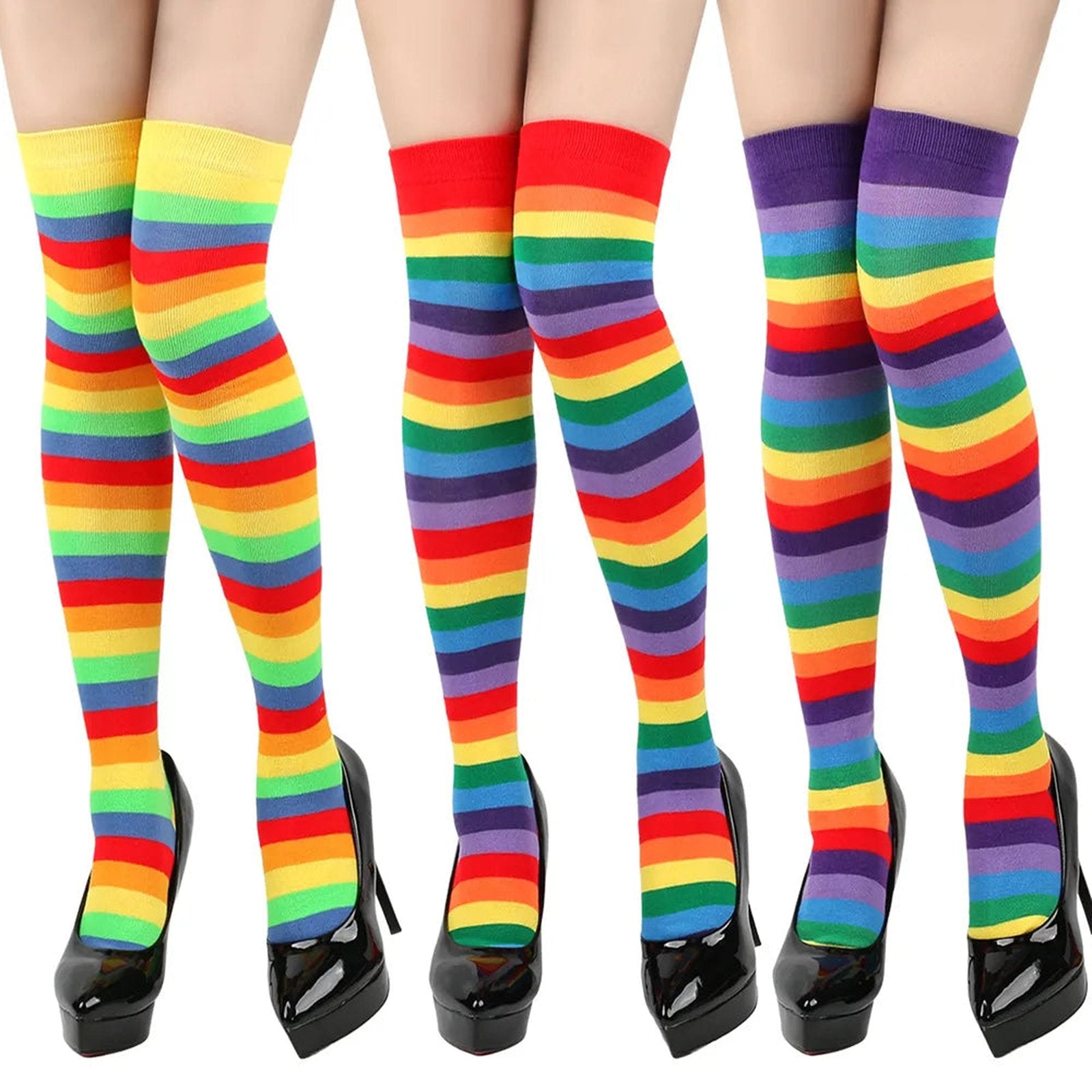 Colorful rainbow knee high socks for women with vibrant stripes in multiple colors for a fun look