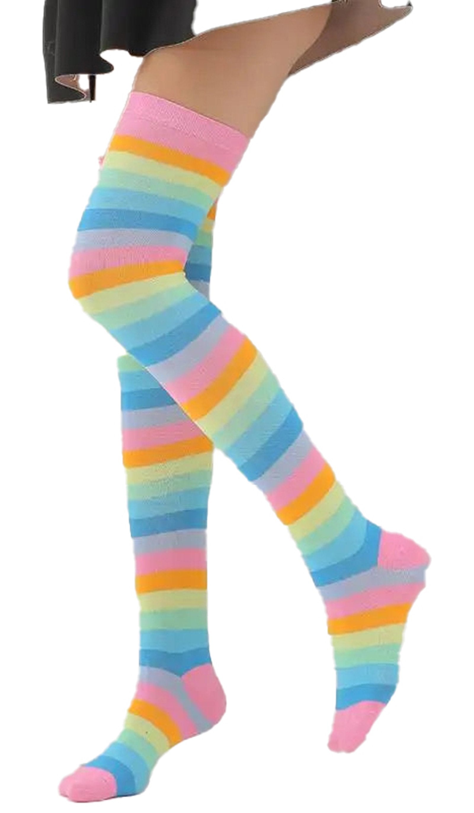 Colorful rainbow knee high socks for women featuring vibrant pastel stripes and soft fabric