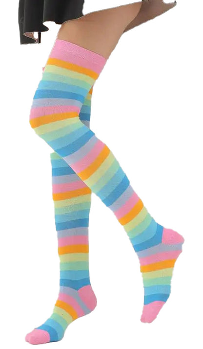 Colorful rainbow knee high socks for women featuring vibrant pastel stripes and soft fabric