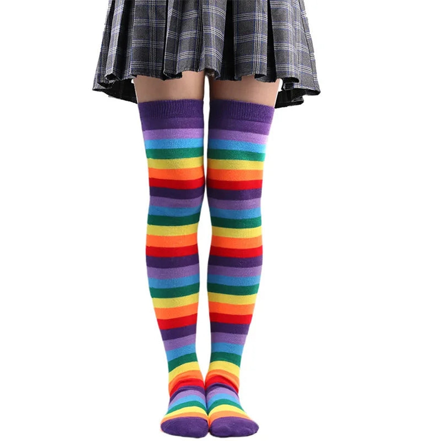 Colorful striped rainbow knee high socks for women featuring vibrant hues in a stylish design