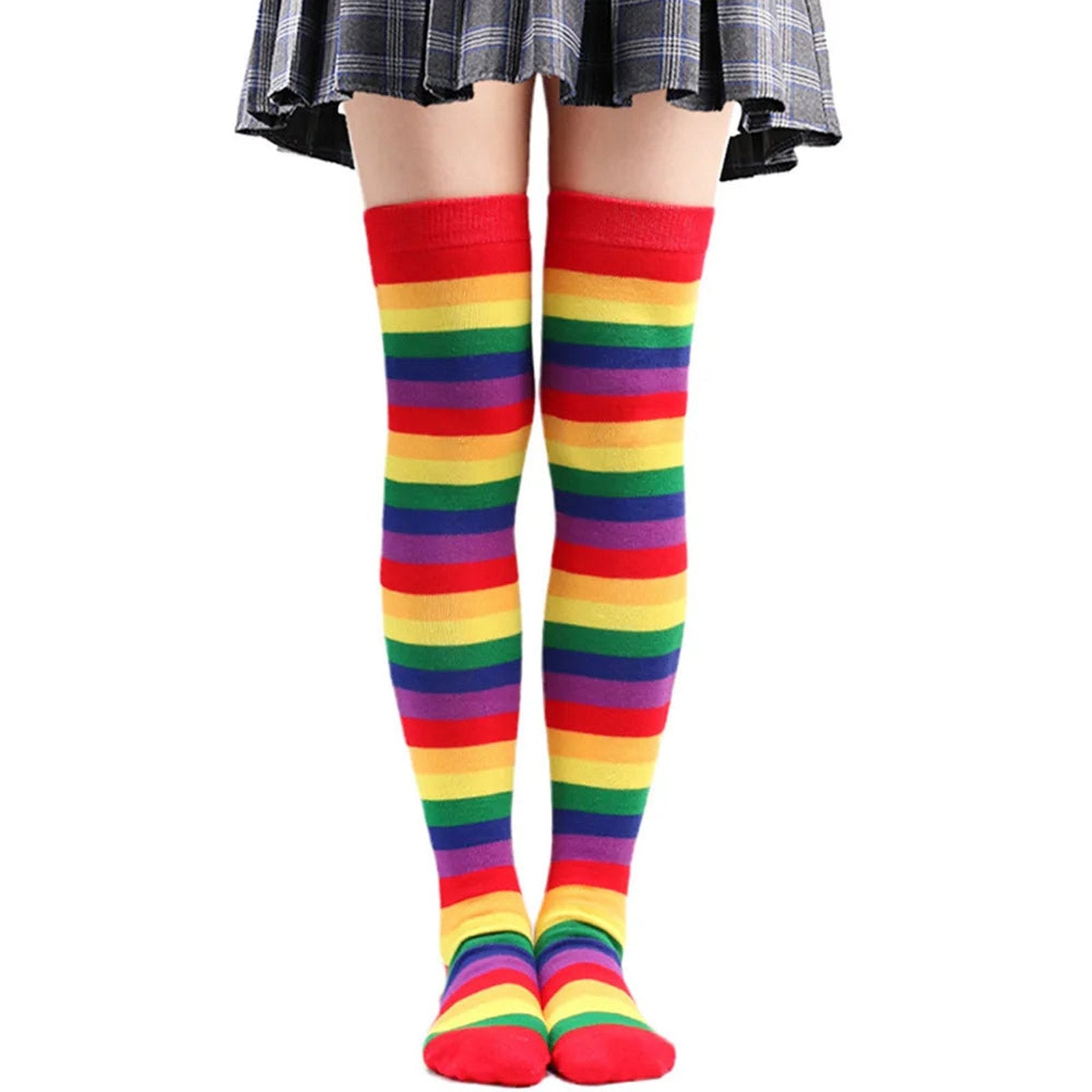 Colorful rainbow knee high socks for women with vibrant striped pattern, perfect for casual style.