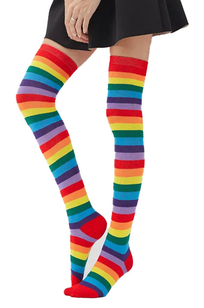 Colorful striped LuckeLadybug rainbow knee high socks for women in vibrant shades