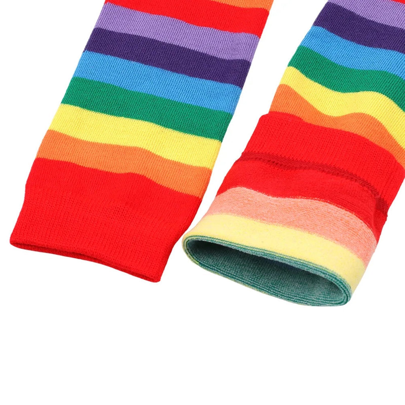 Colorful rainbow knee high socks for women featuring vibrant stripes in red, yellow, green, and blue