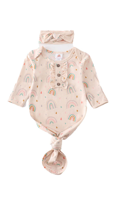 Adorable Rainbow Print Hairband Bamboo Baby Gown: The Perfect Pick For Your Stylish Little One! - LuckeLadybug LLC