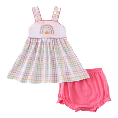 Adorable Rainbow Pumpkin Embroidery Plaid Baby Girl Set For Stylish Infants & Toddlers! - LuckeLadybug LLC