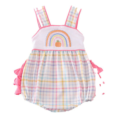 Adorable Rainbow Pumpkin Embroidery Plaid Girl Bubble: Perfect For Tiny Trendsetters! - LuckeLadybug LLC