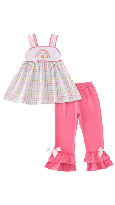 Adorable Rainbow Pumpkin Embroidery Plaid Girl Set For Your Little Fashionista! - LuckeLadybug LLC