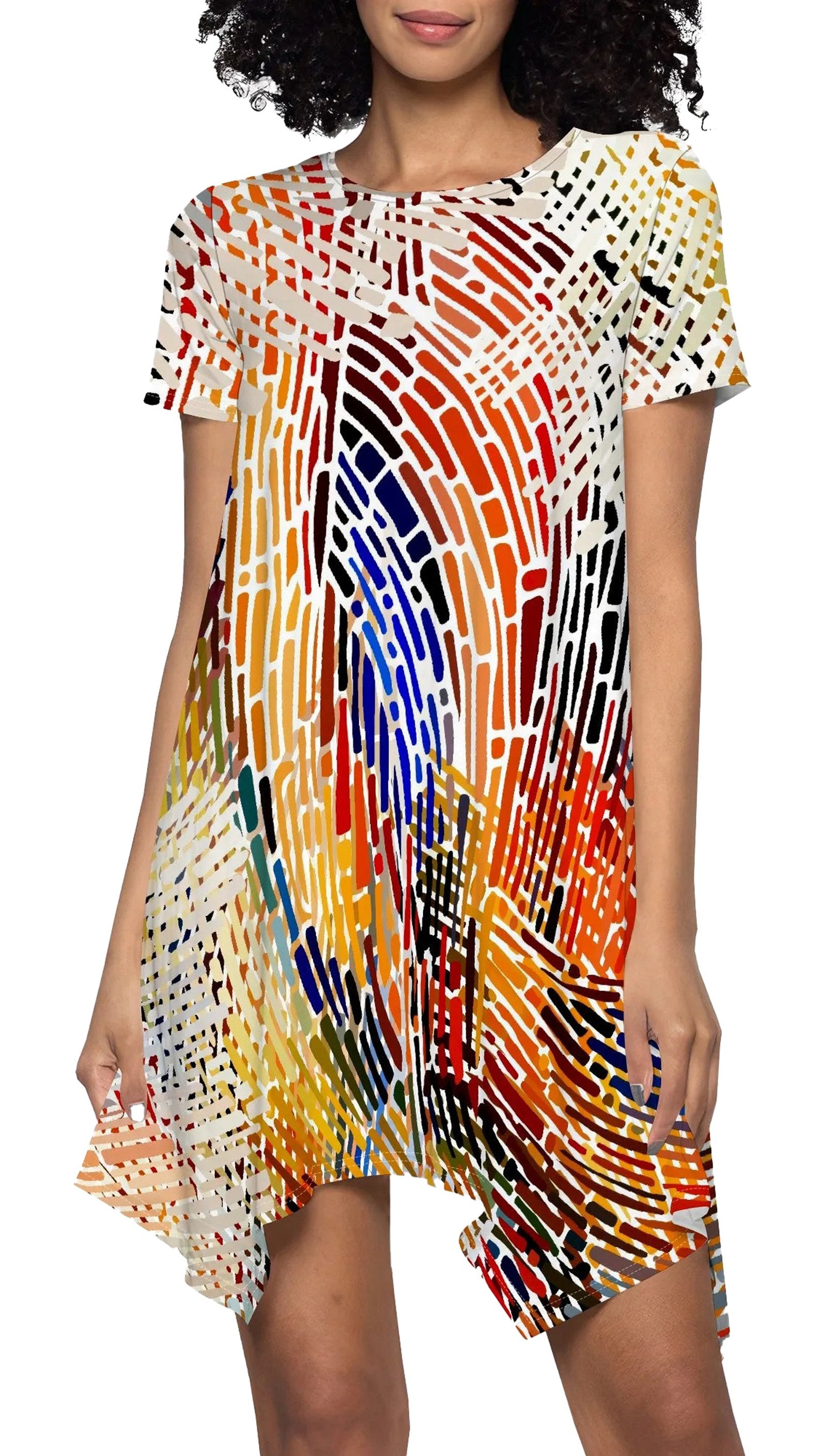 Rainbow wave print mini dress featuring a colorful abstract design and short sleeves