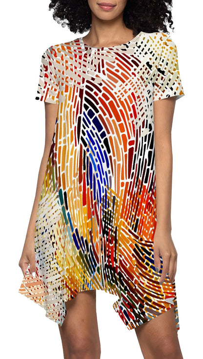 Rainbow wave print mini dress featuring a colorful abstract design and short sleeves