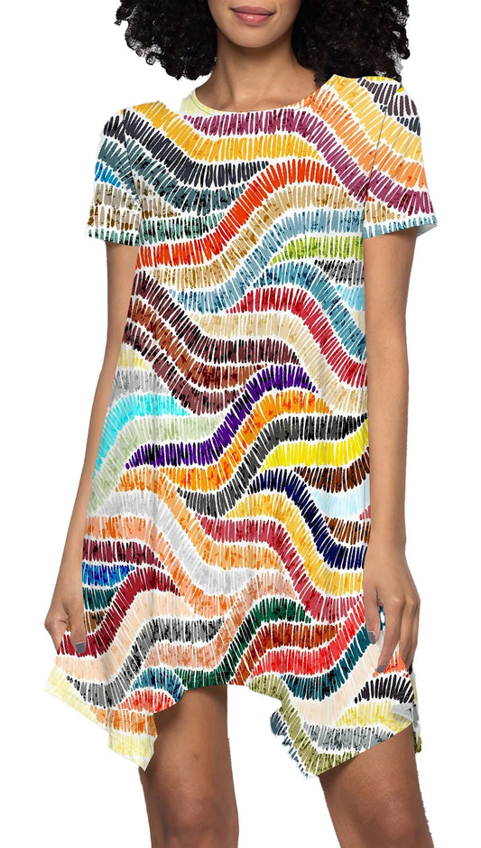 LuckeLadybug LLC rainbow wave print mini dress with colorful wavy patterns for a vibrant summer look