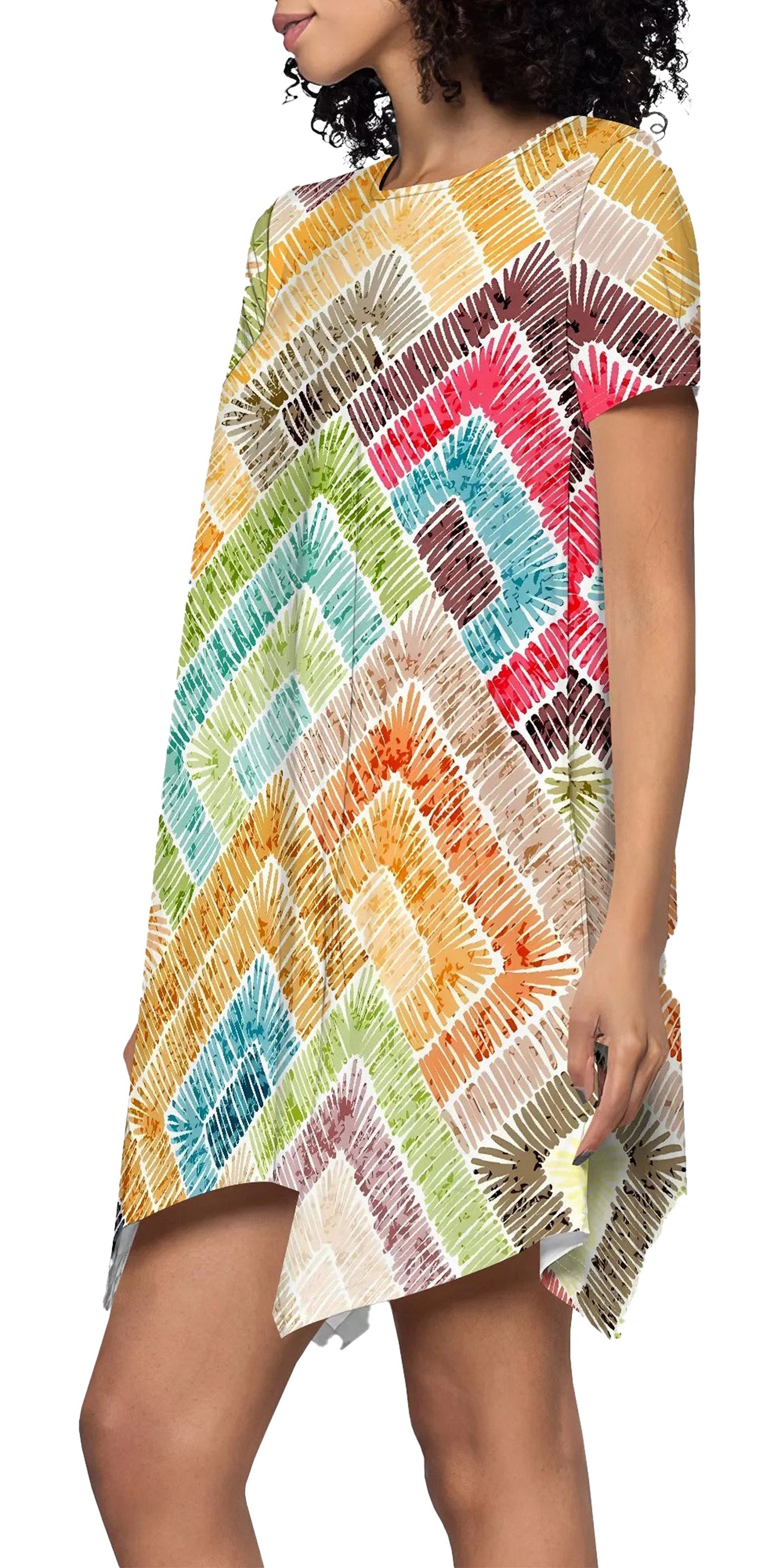 Colorful mini dress featuring a rainbow wave print mini dress design with vibrant zigzag patterns