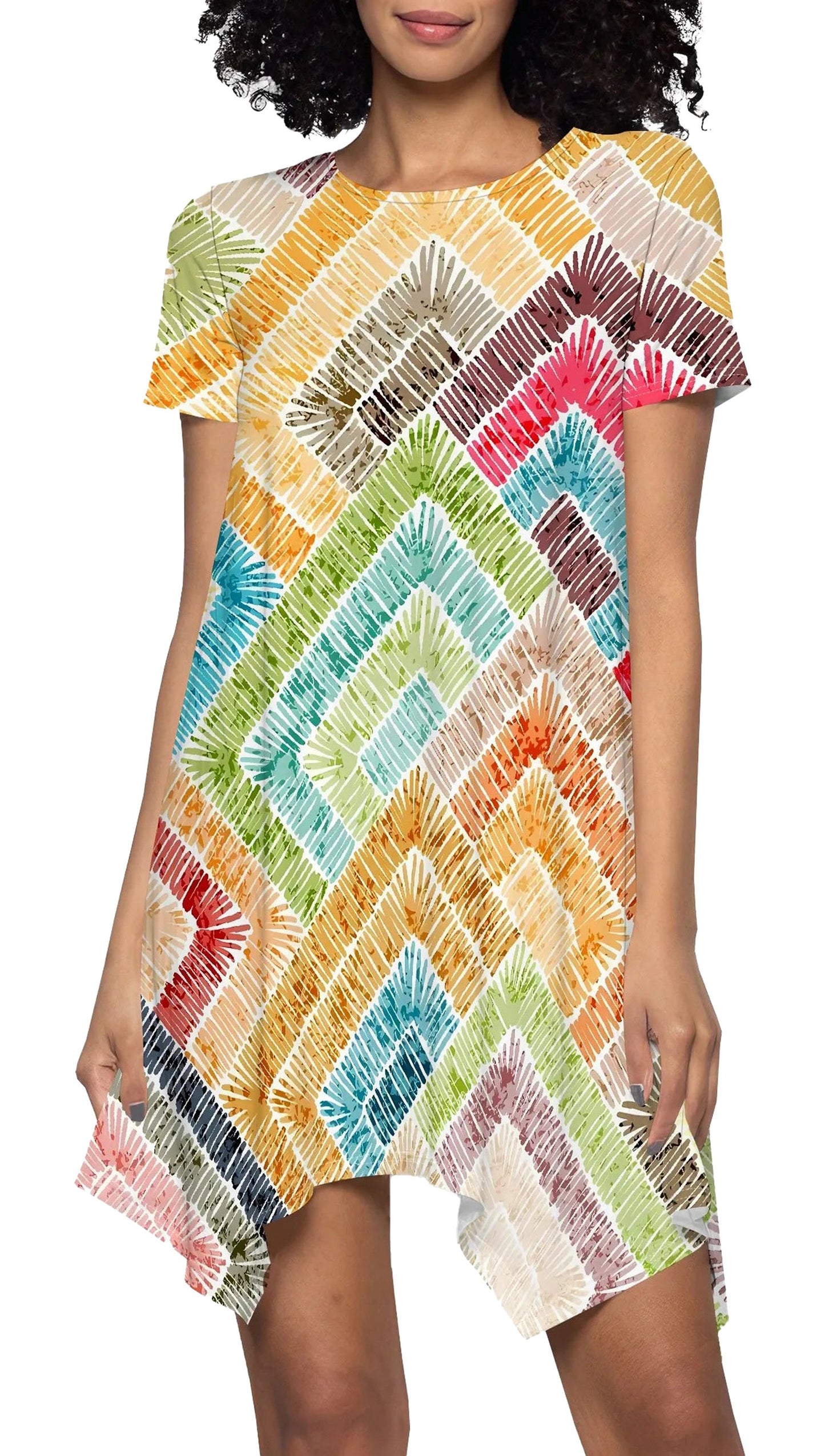 Colorful rainbow wave print mini dress from LuckeLadybug LLC featuring a unique chevron pattern