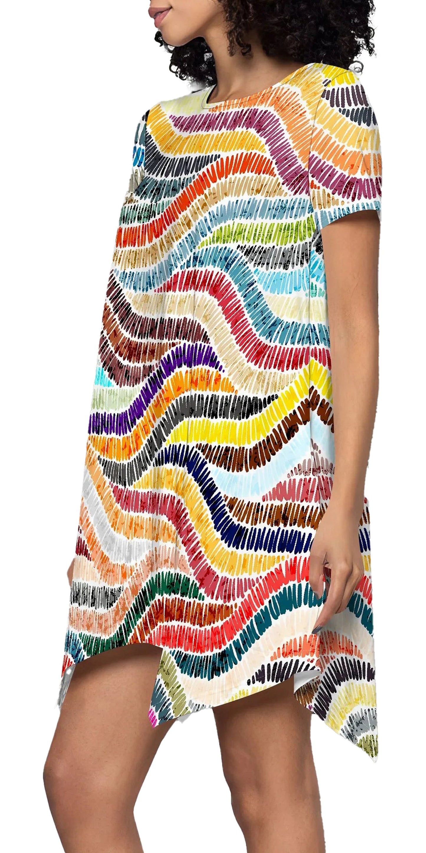 Colorful rainbow wave print mini dress by LuckeLadybug LLC, perfect for casual summer outings