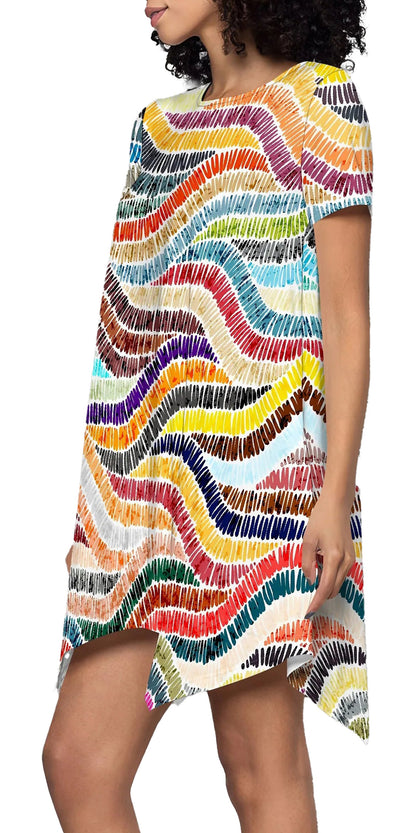 Colorful rainbow wave print mini dress by LuckeLadybug LLC, perfect for casual summer outings