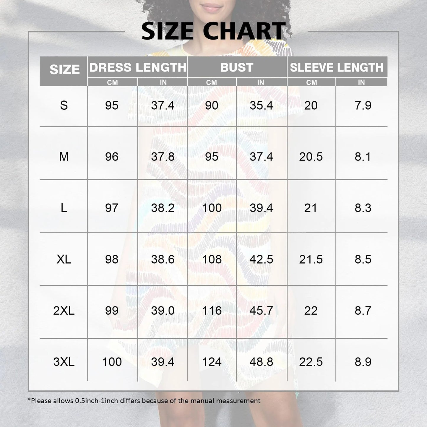 Size chart for LuckeLadybug rainbow wave print mini dress detailing measurements for various sizes