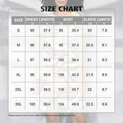 Size chart for LuckeLadybug rainbow wave print mini dress detailing measurements for various sizes