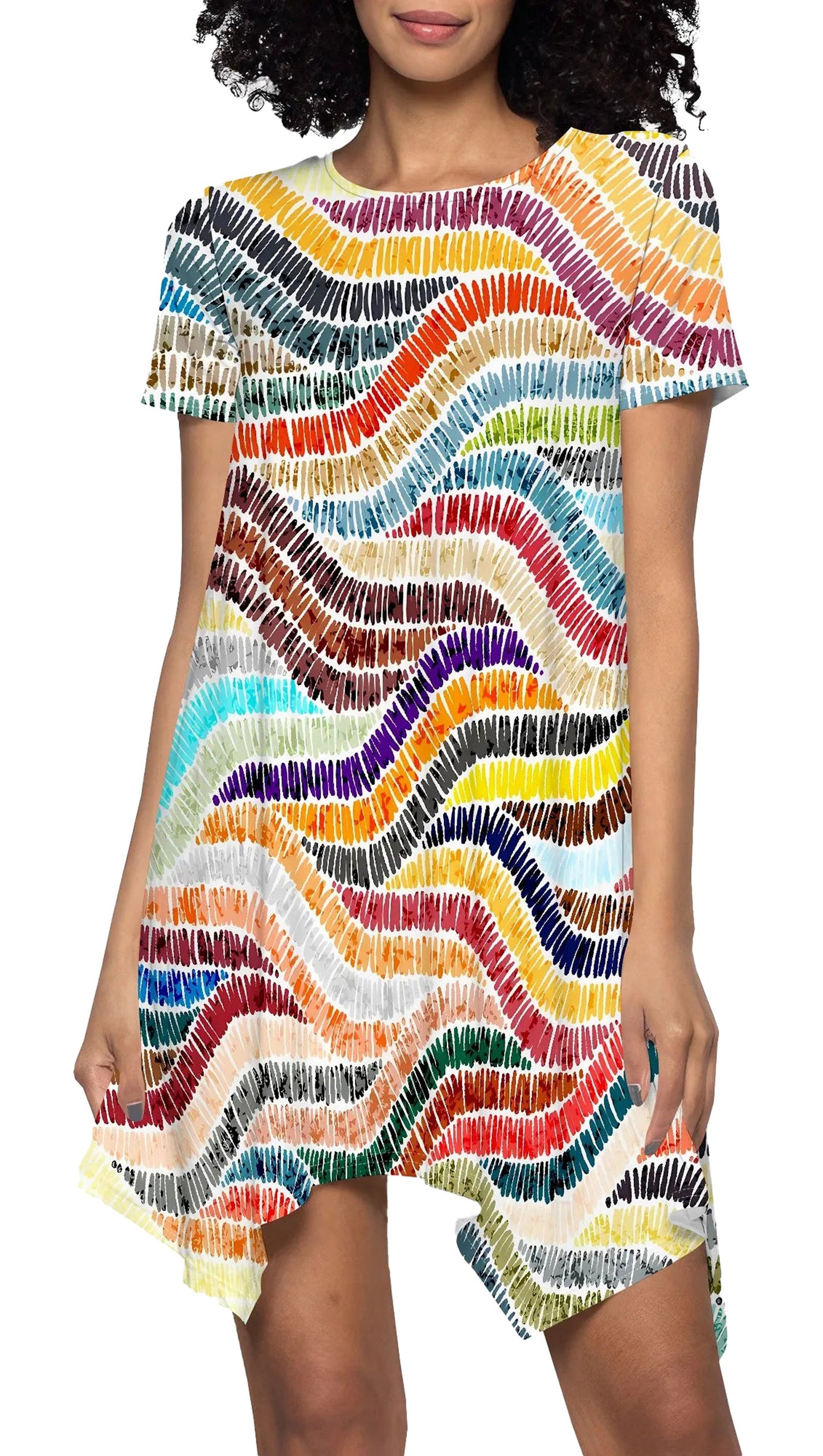 Colorful rainbow wave print mini dress featuring short sleeves and a playful design from LuckeLadybug LLC