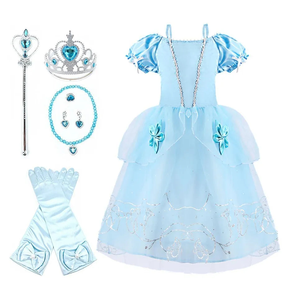 Light blue Rapunzel princess dress for girls with accessories including gloves, tiara, and wand