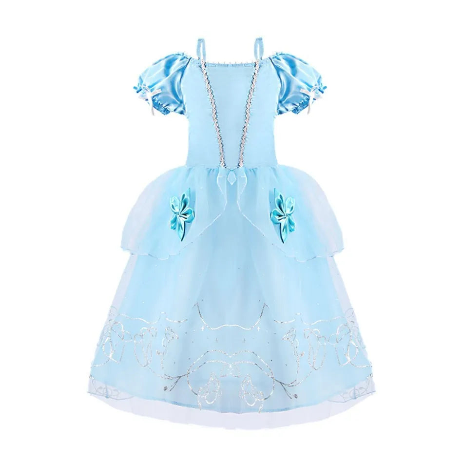 Beautiful blue Rapunzel princess dress for girls with puff sleeves and sparkling embellishments