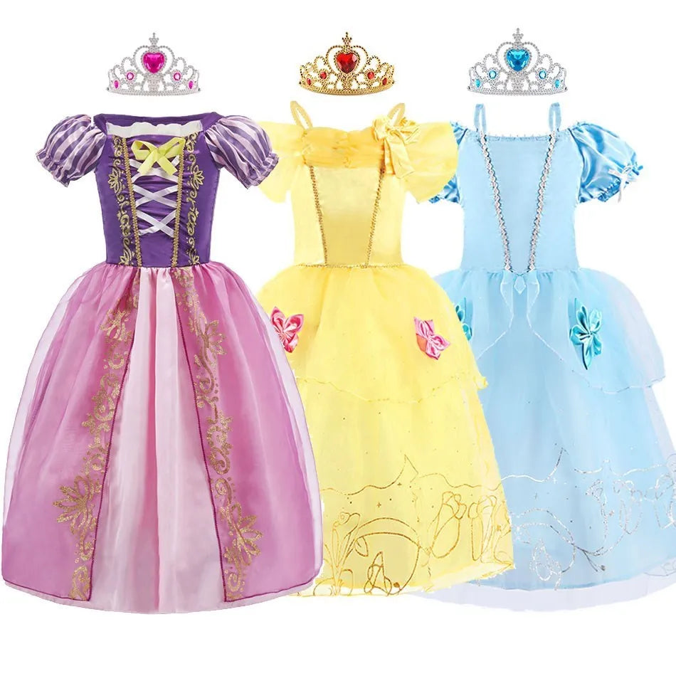 Three colorful princess dresses including a Rapunzel princess dress for girls with intricate detailing