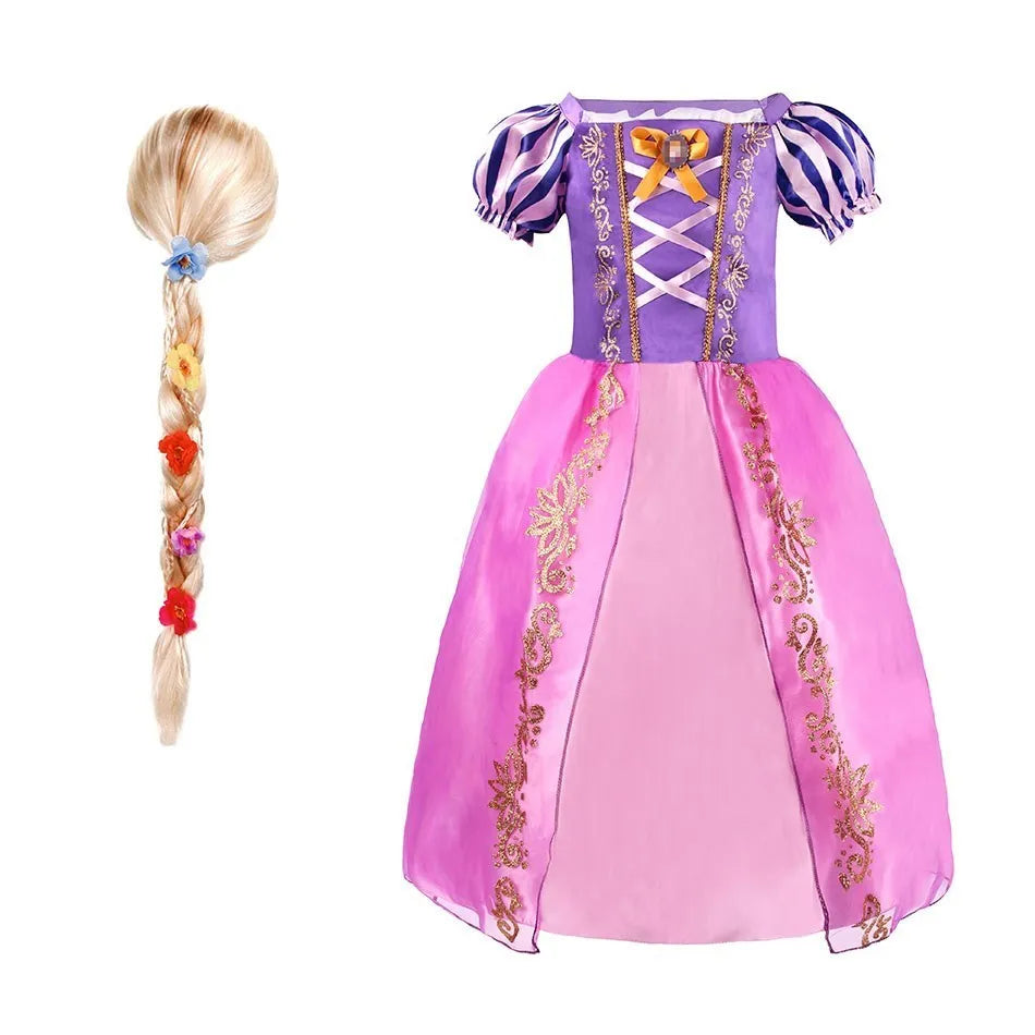 LuckeLadybug LLC Rapunzel princess dress for girls with matching long braid accessory in purple and pink