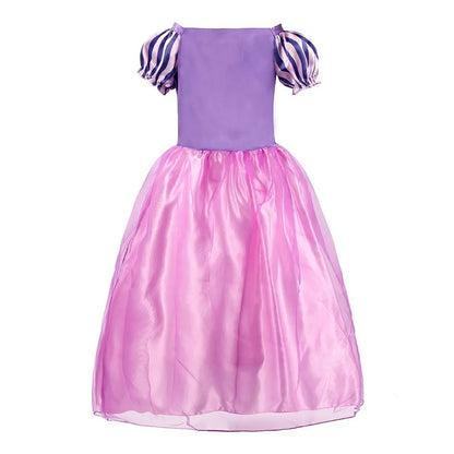LuckeLadybug LLC Rapunzel princess dress for girls with puff sleeves and a flowing purple skirt