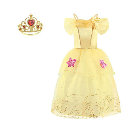 LuckeLadybug LLC Rapunzel princess dress for girls with floral details and a matching crown accessory