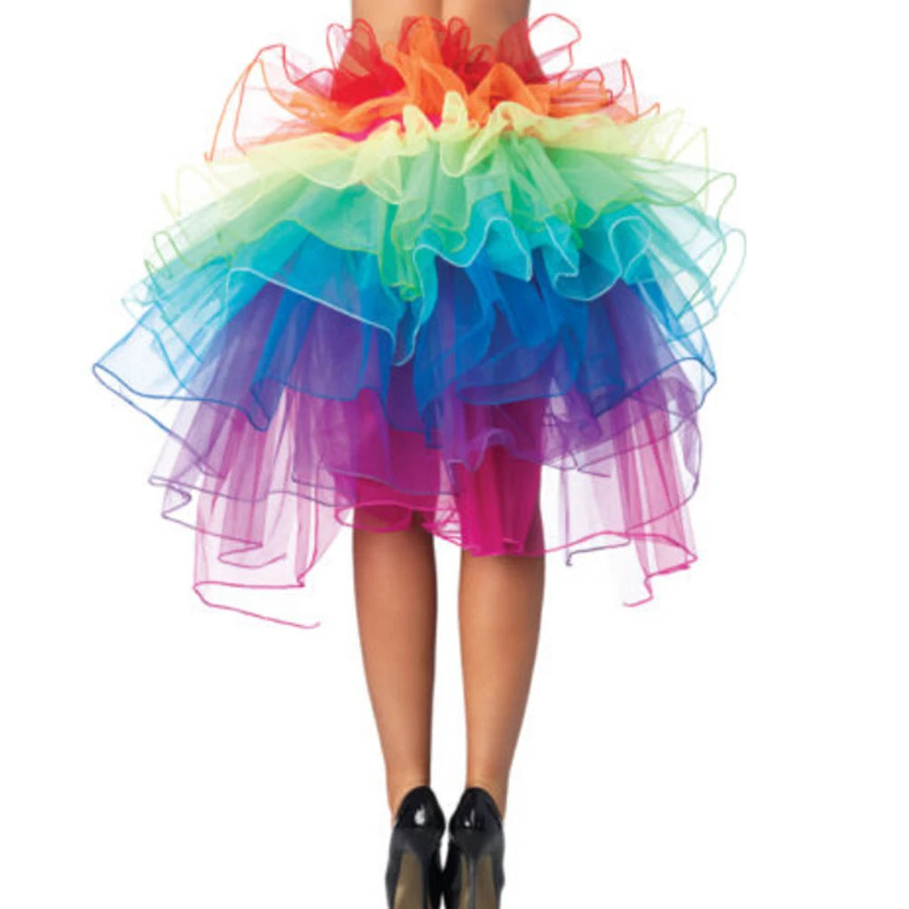 Colorful rainbow rave skirt with multiple layers of tulle for vibrant festival fashion