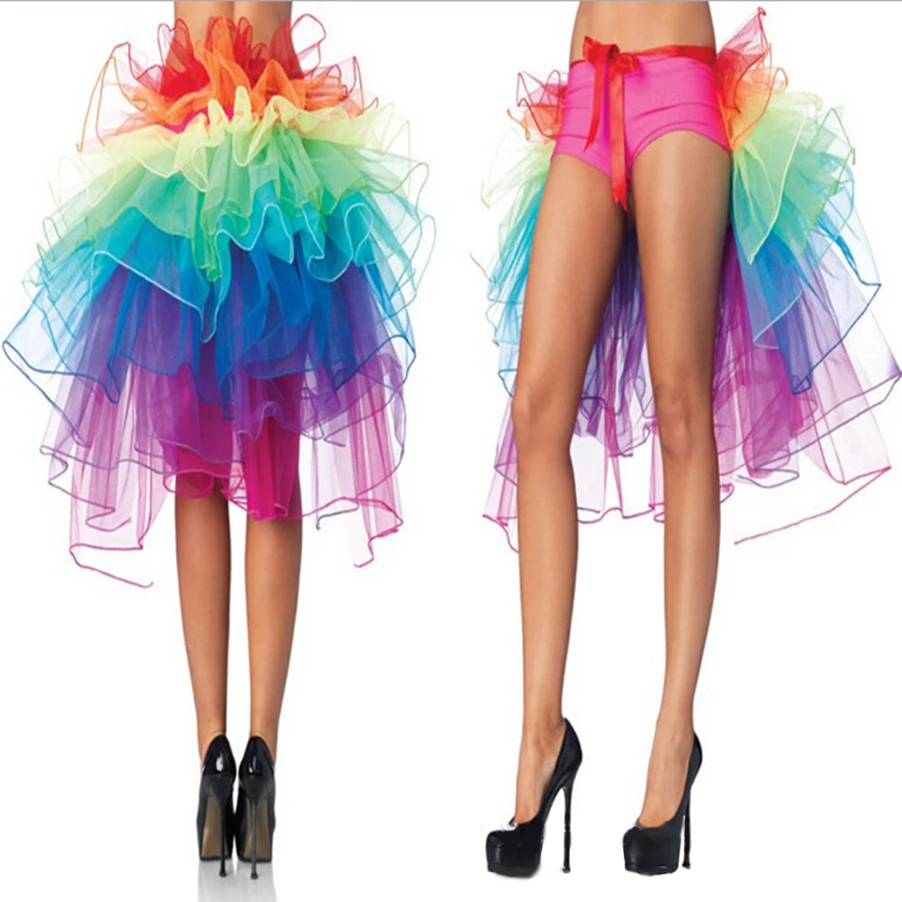 Colorful LuckeLadybug LLC rave skirt with layered tulle and vibrant rainbow design for festival outfits
