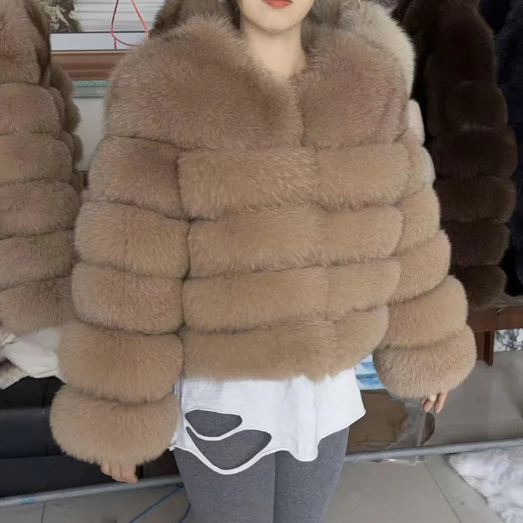 Luxury LuckeLadybug LLC real fox fur coat womens in a stylish cropped design with plush fur texture