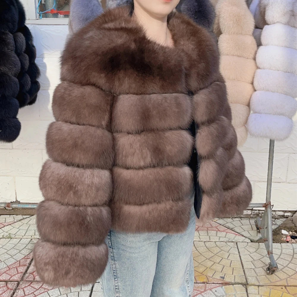 Luxurious real fox fur coat womens in stylish brown color for elegant winter fashion