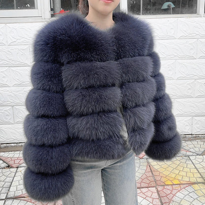 Luxurious real fox fur coat womens in a stylish gray design with plush fur detailing