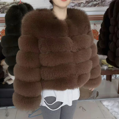 Luxurious brown real fox fur coat womens with plush design and stylish collar for warmth and elegance