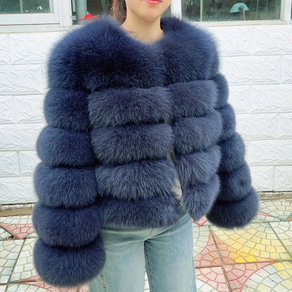 Luxurious navy blue real fox fur coat womens with plush, soft texture and stylish design